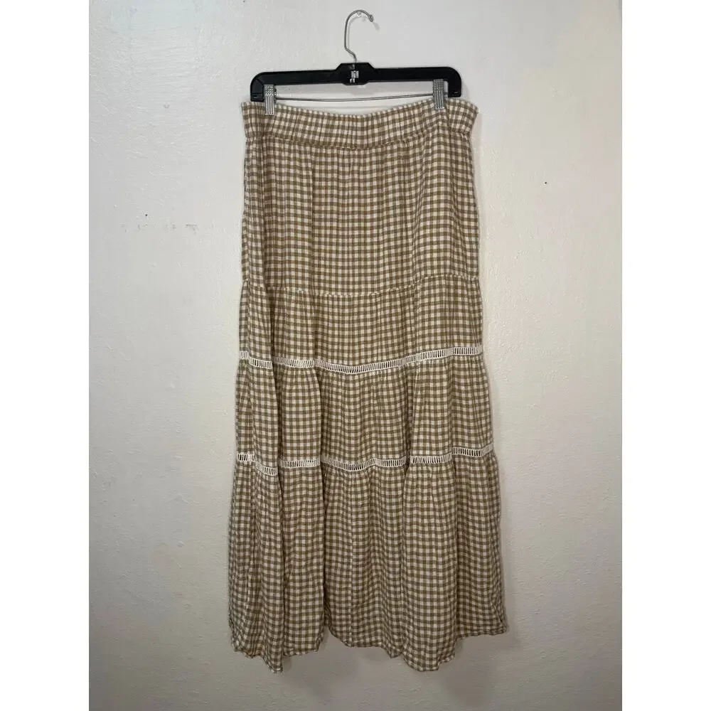 Madewell Linen-Blend Eyelet-Trim Women’s XL Tiered Maxi Skirt Seed Khaki Plaid - Picture 6 of 8